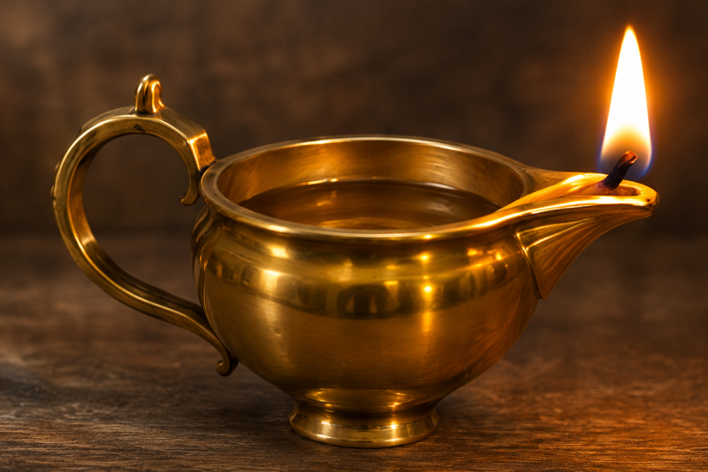 Brass oil lamp with warm glow