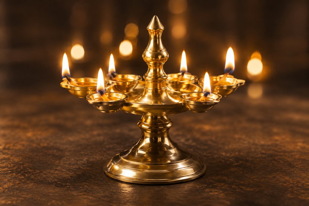 Festive brass lamp with glowing flames