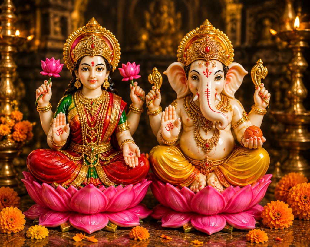 Devotional deities in golden temple light