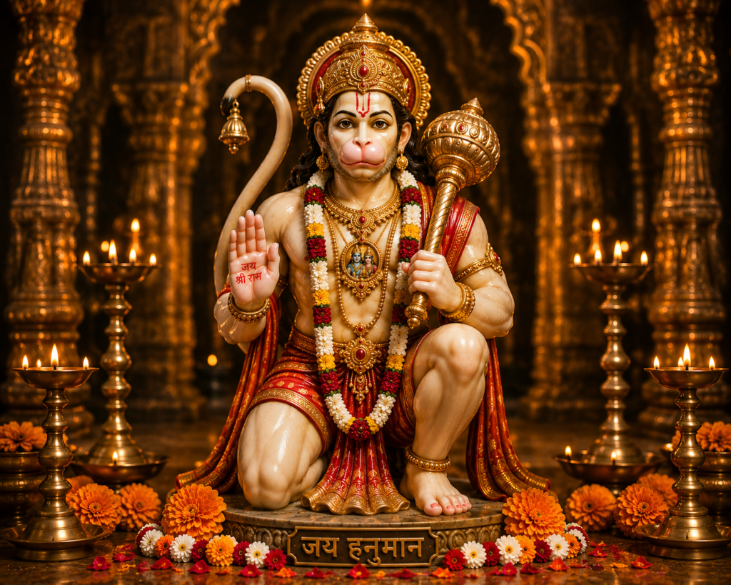 Divine Hanuman in golden temple glow