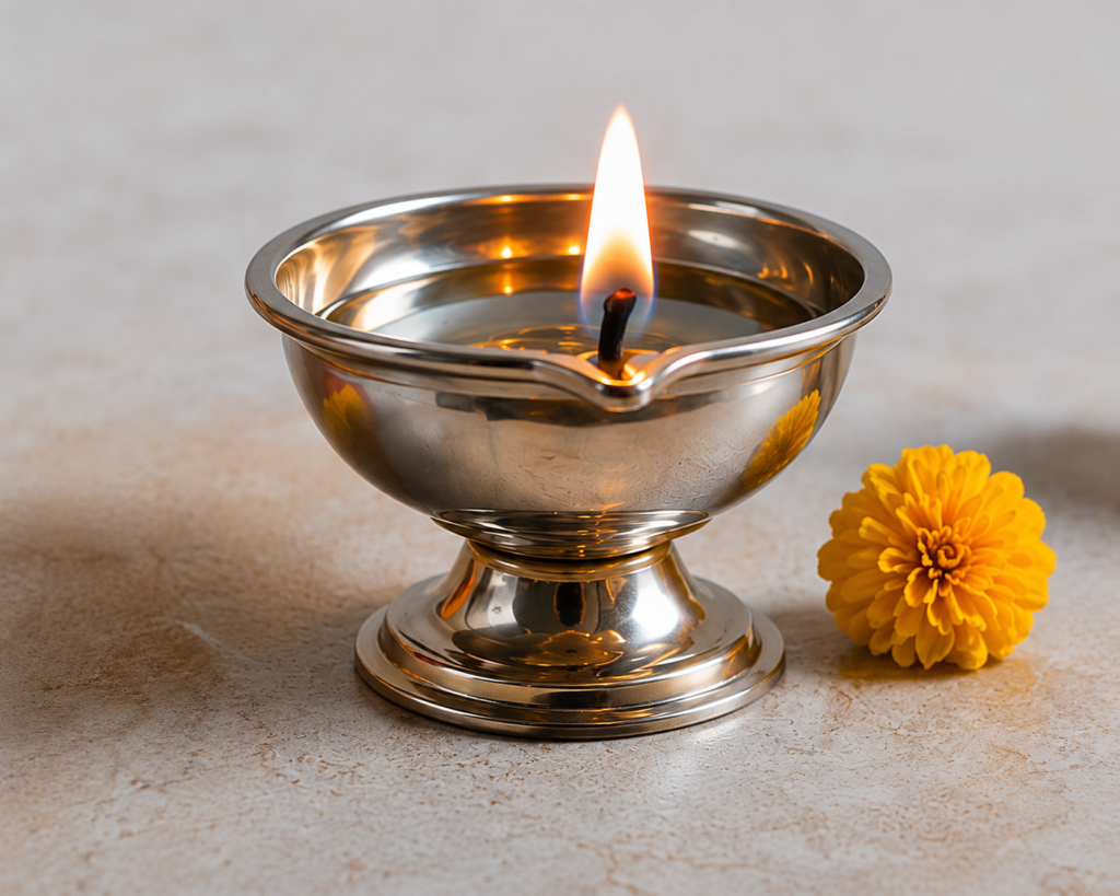 Shiny oil lamp with marigold bloom