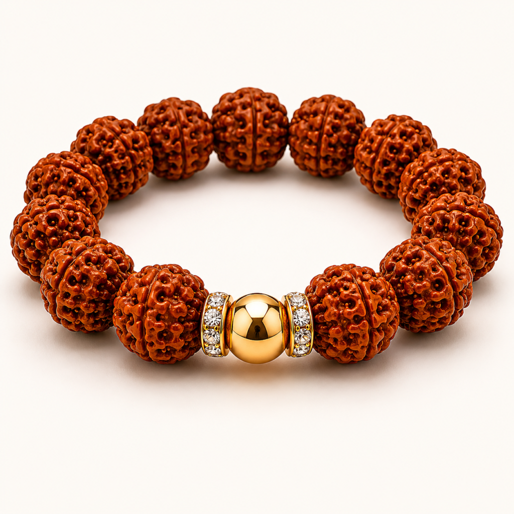 Close-up of intricate rudraksha bracelet