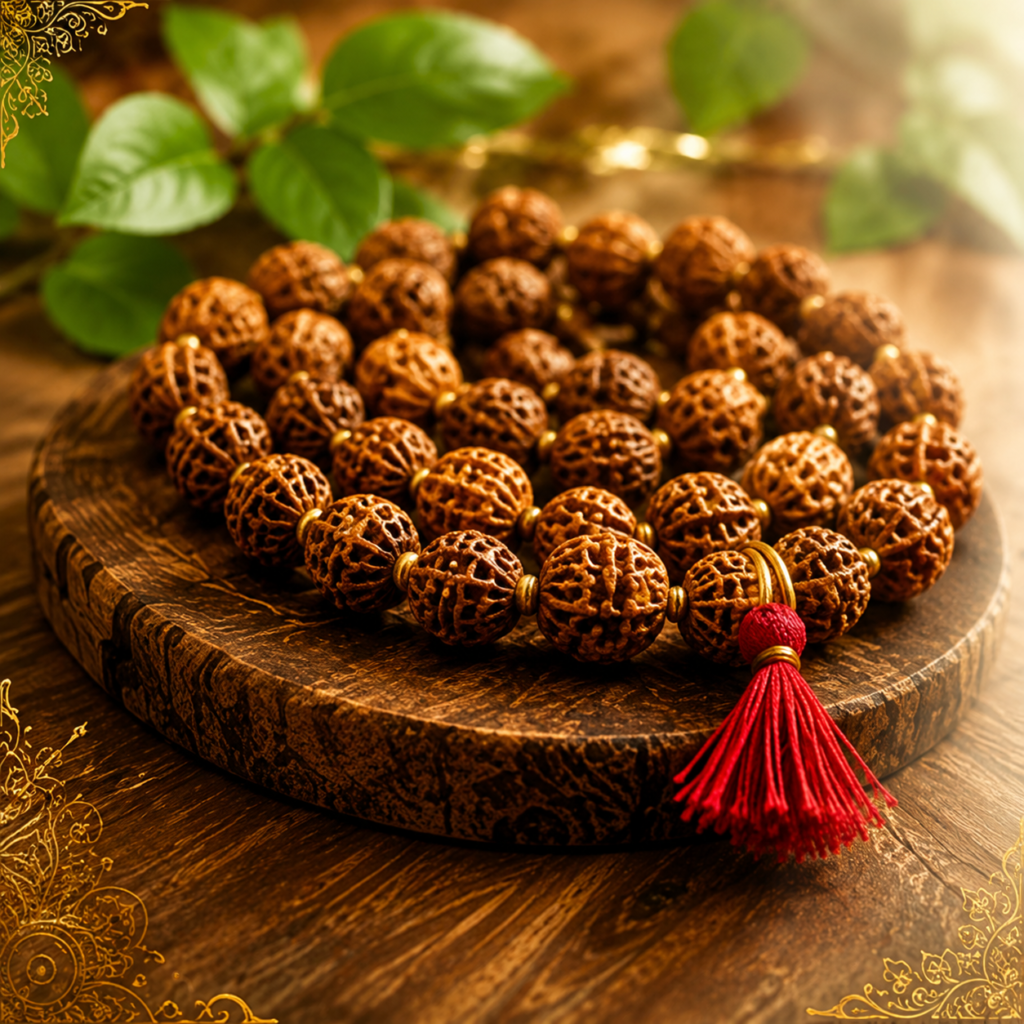 Coiled mala beads with red tassel