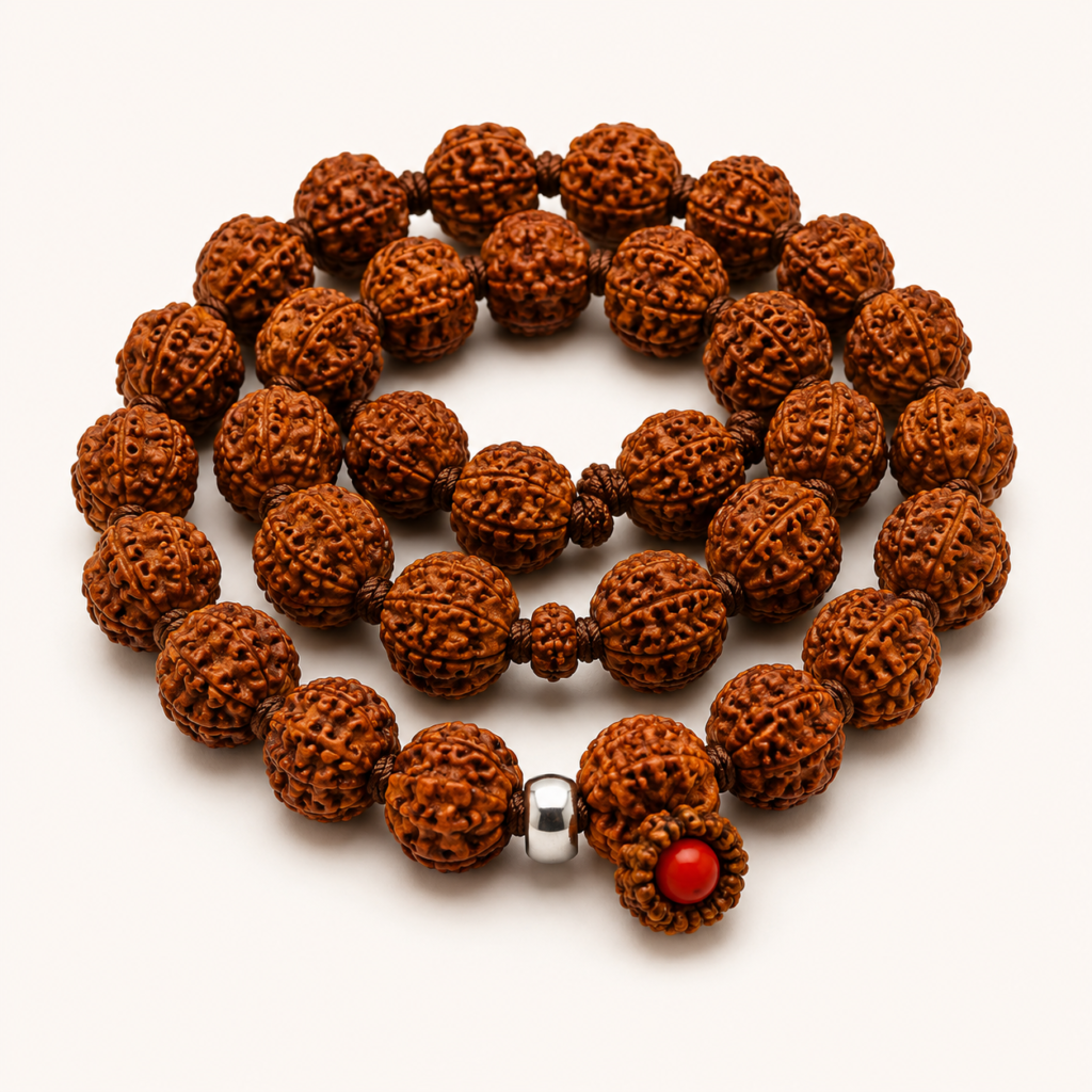 Coiled prayer beads on beige surface