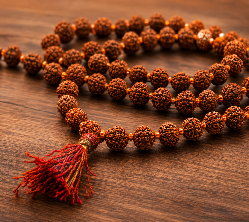 Earthy mala beads on wooden surface