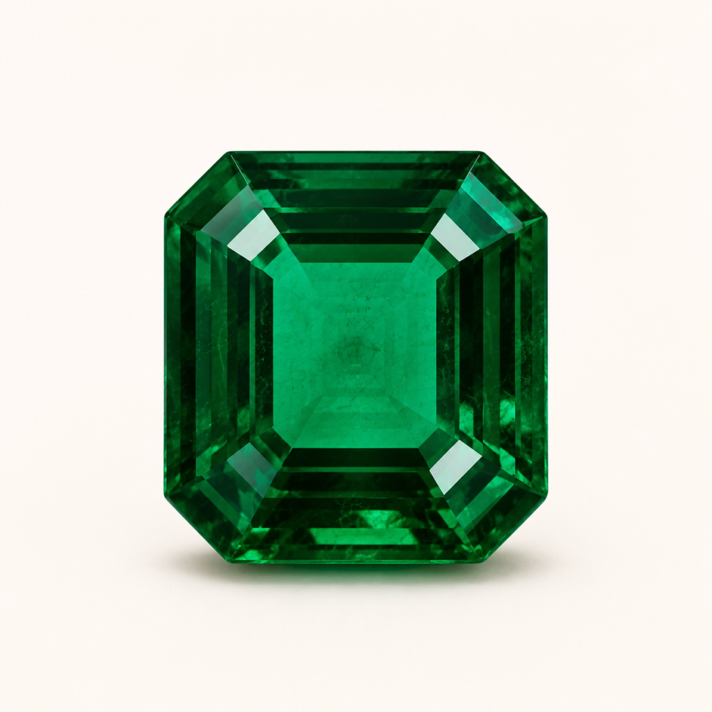 Emerald-cut emerald gemstone close-up