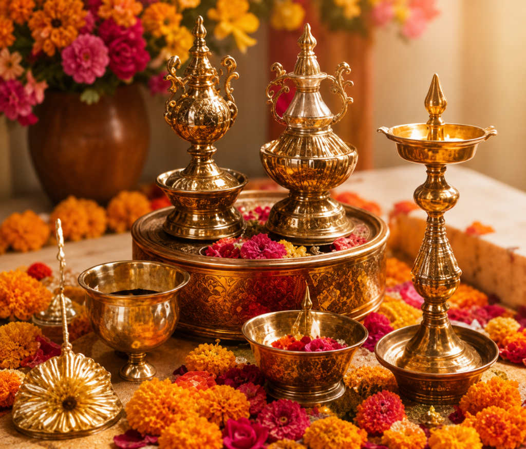 Festive brassware and floral decor