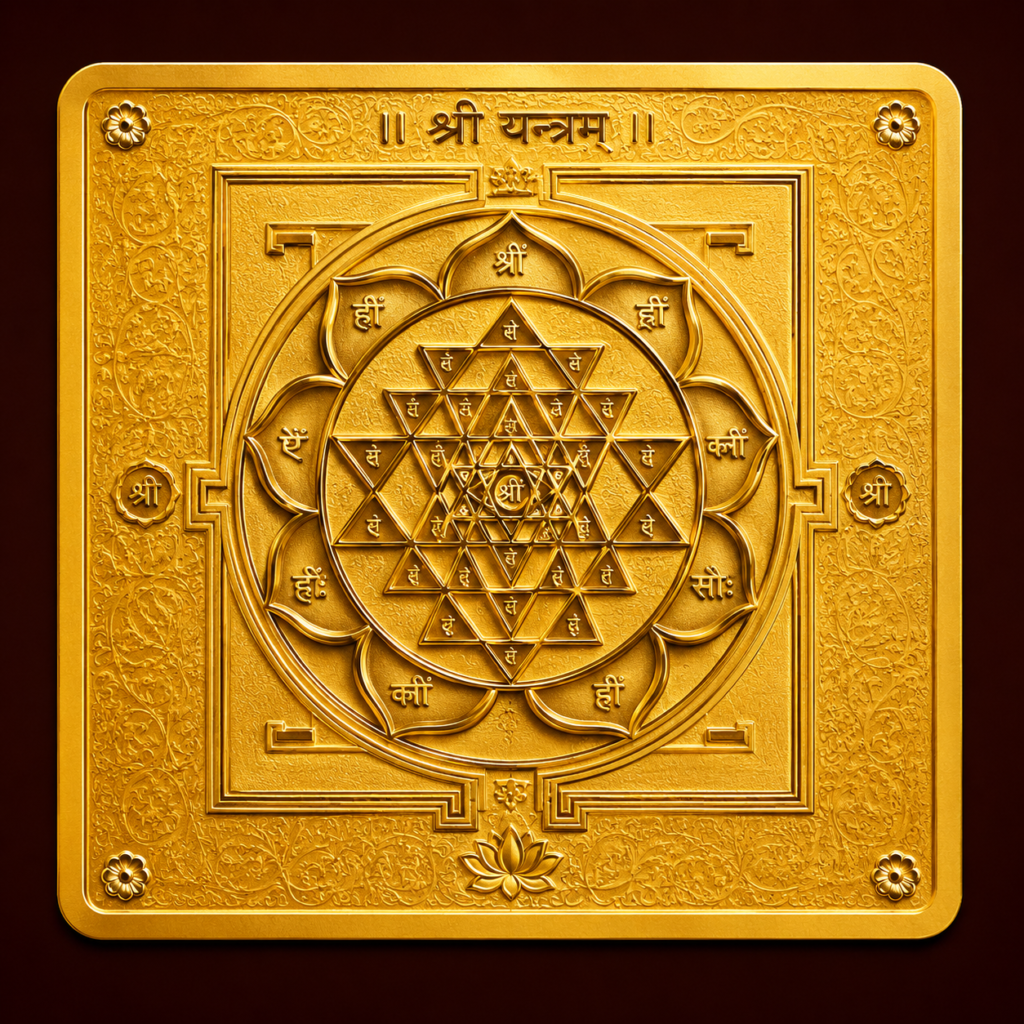 Golden yantra plaque with sacred geometry
