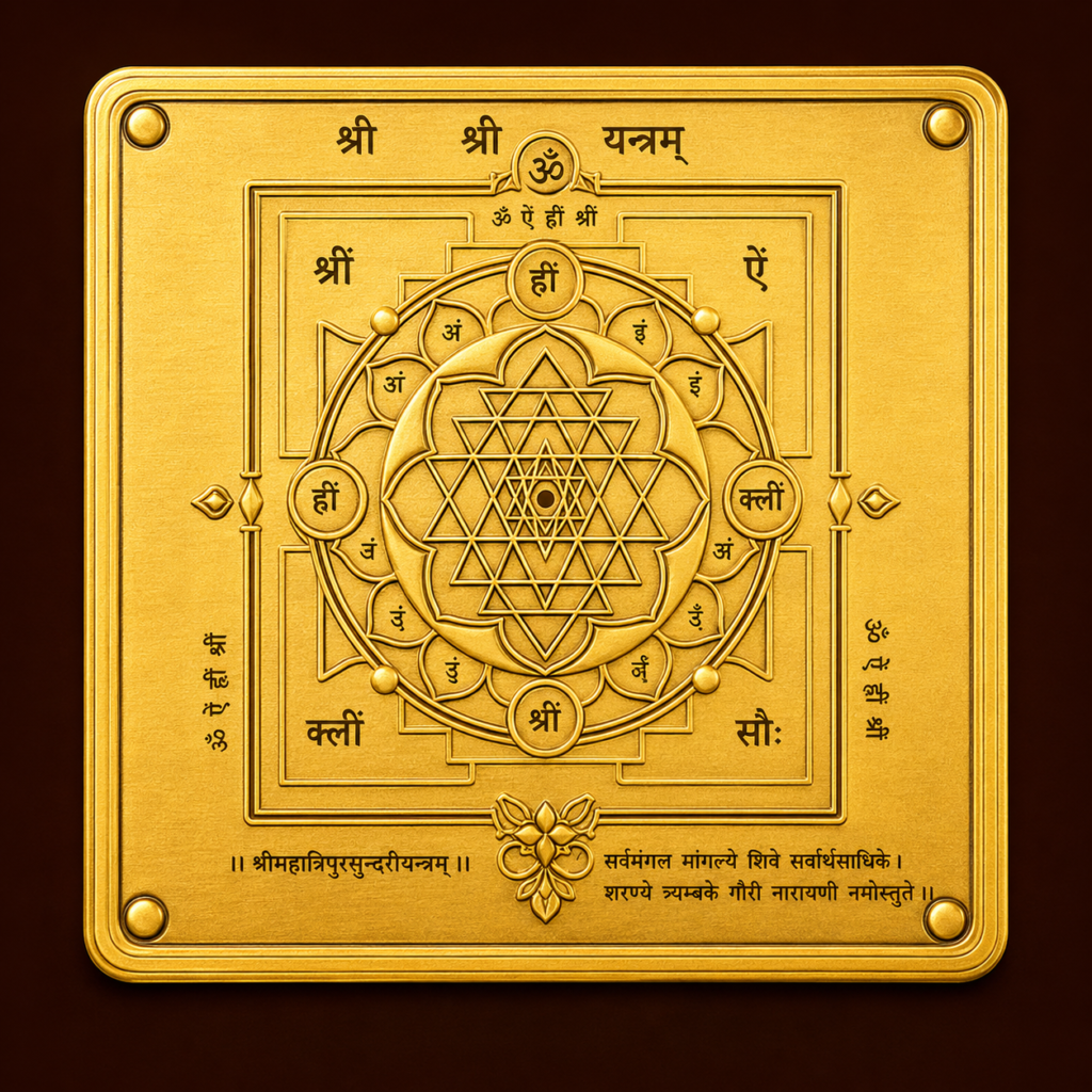 Golden yantra with intricate Sanskrit design