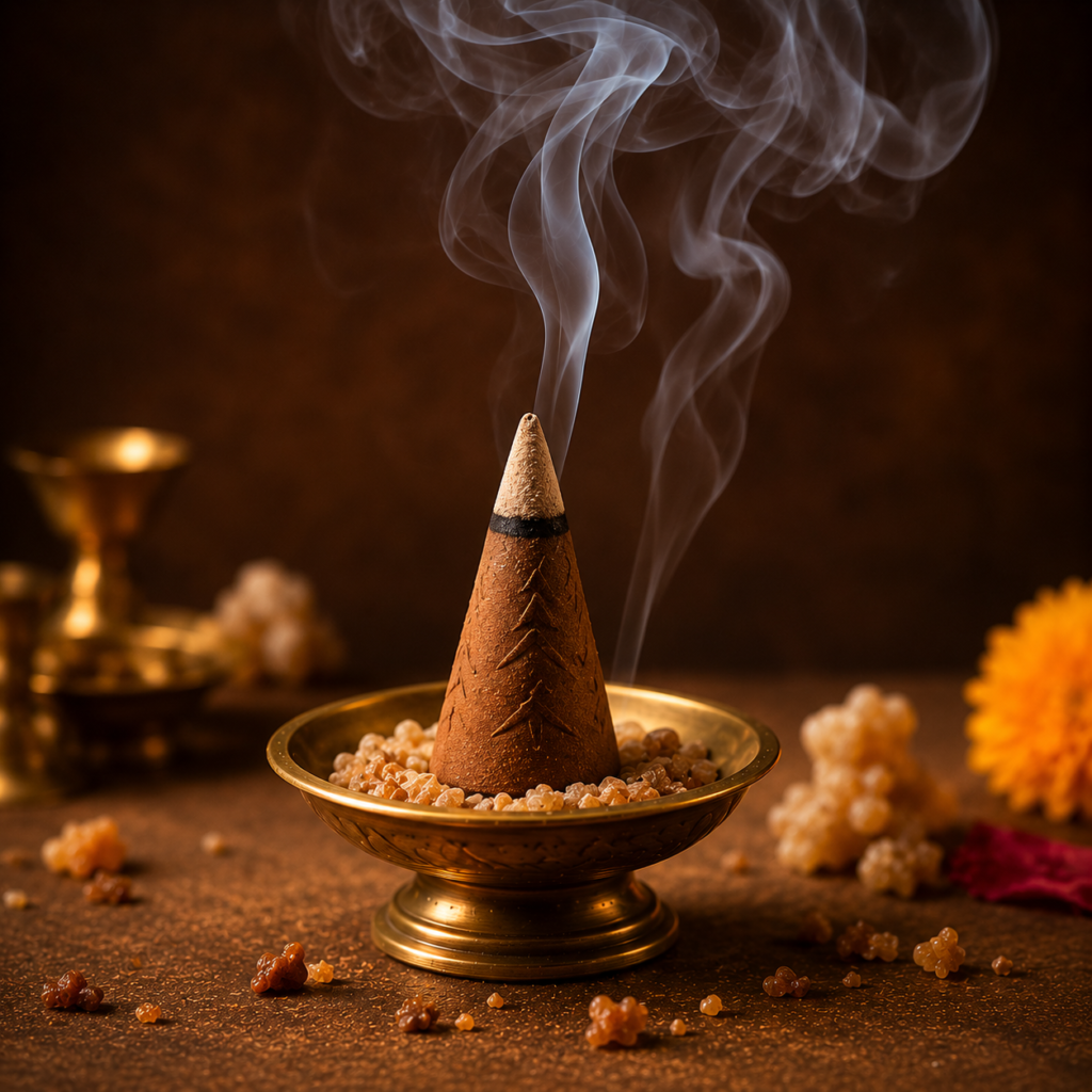 Incense and resin on brass altar