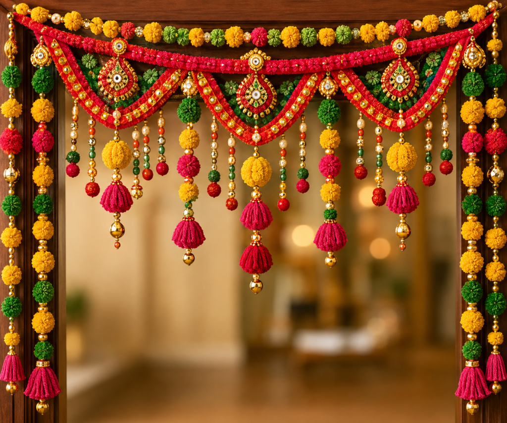 Ornate wooden doorway with colorful toran