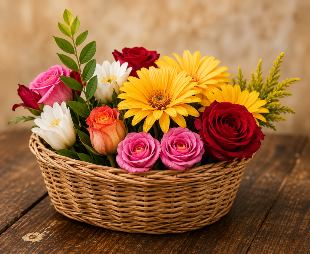 Warm floral bouquet in wicker basket